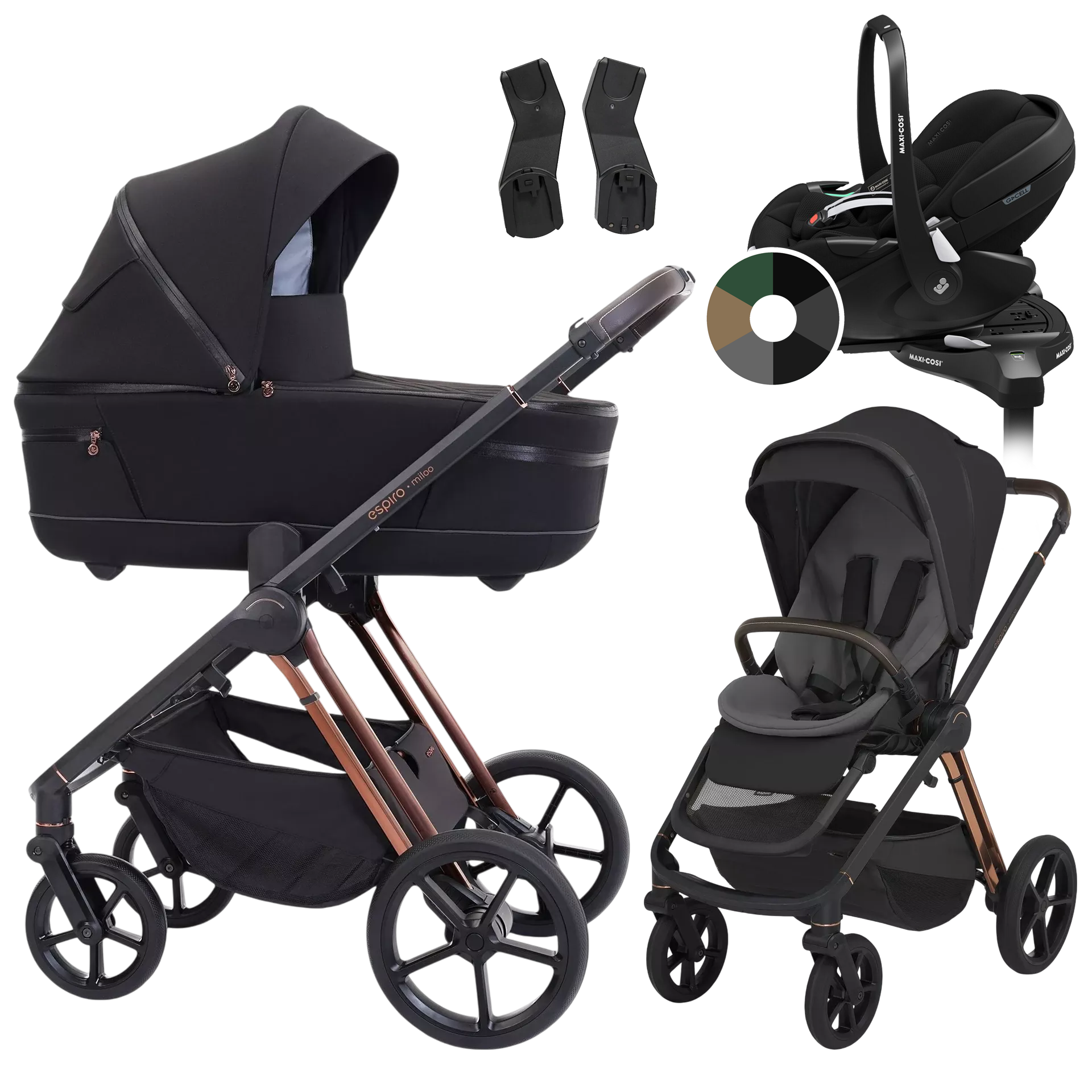 Espiro Miloo + Maxi-Cosi Pebble 360 Pro2 + baza +GRATIS - 4w1 | 210 Diamond Black