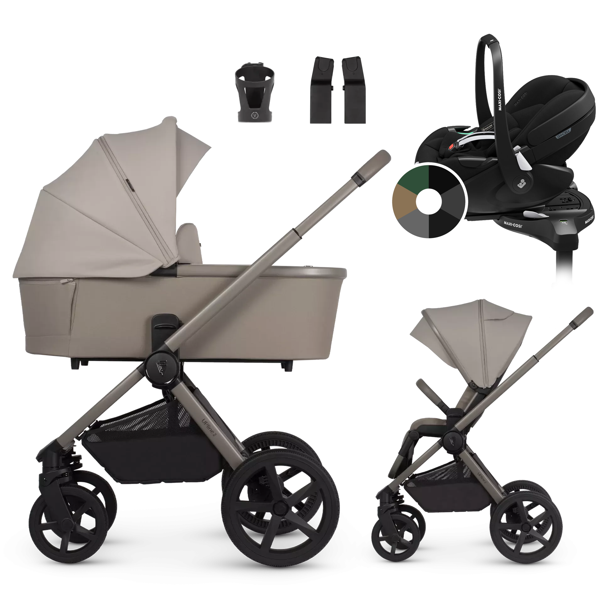 Venicci Upline 2 + Maxi-Cosi Pebble 360 Pro2 + baza +AKCESORIA - 4w1 | Taupe