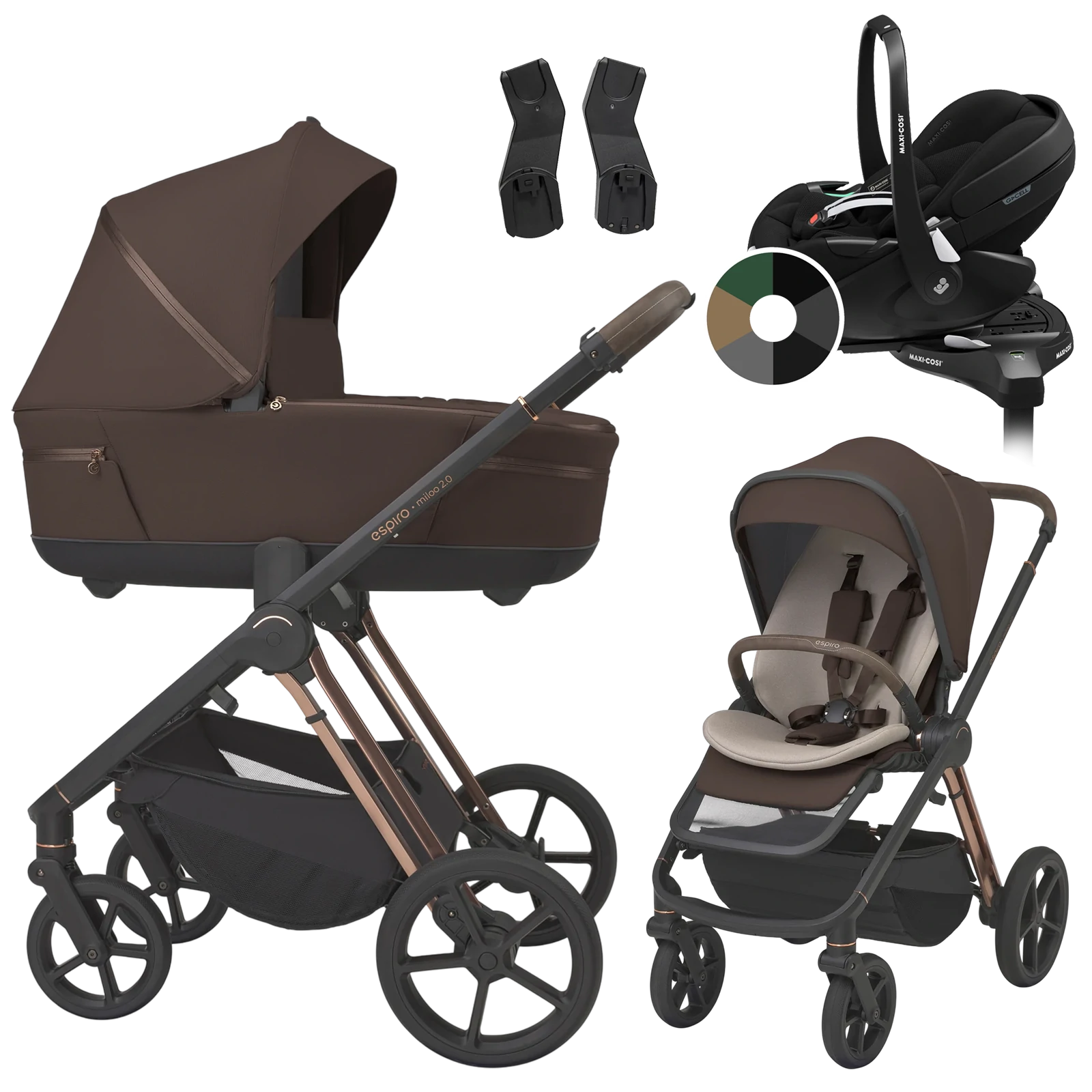 Espiro Miloo 2.0 + Maxi-Cosi Pebble 360 Pro2 + baza +GRATIS - 4w1 | 308 Excellent Chocolate