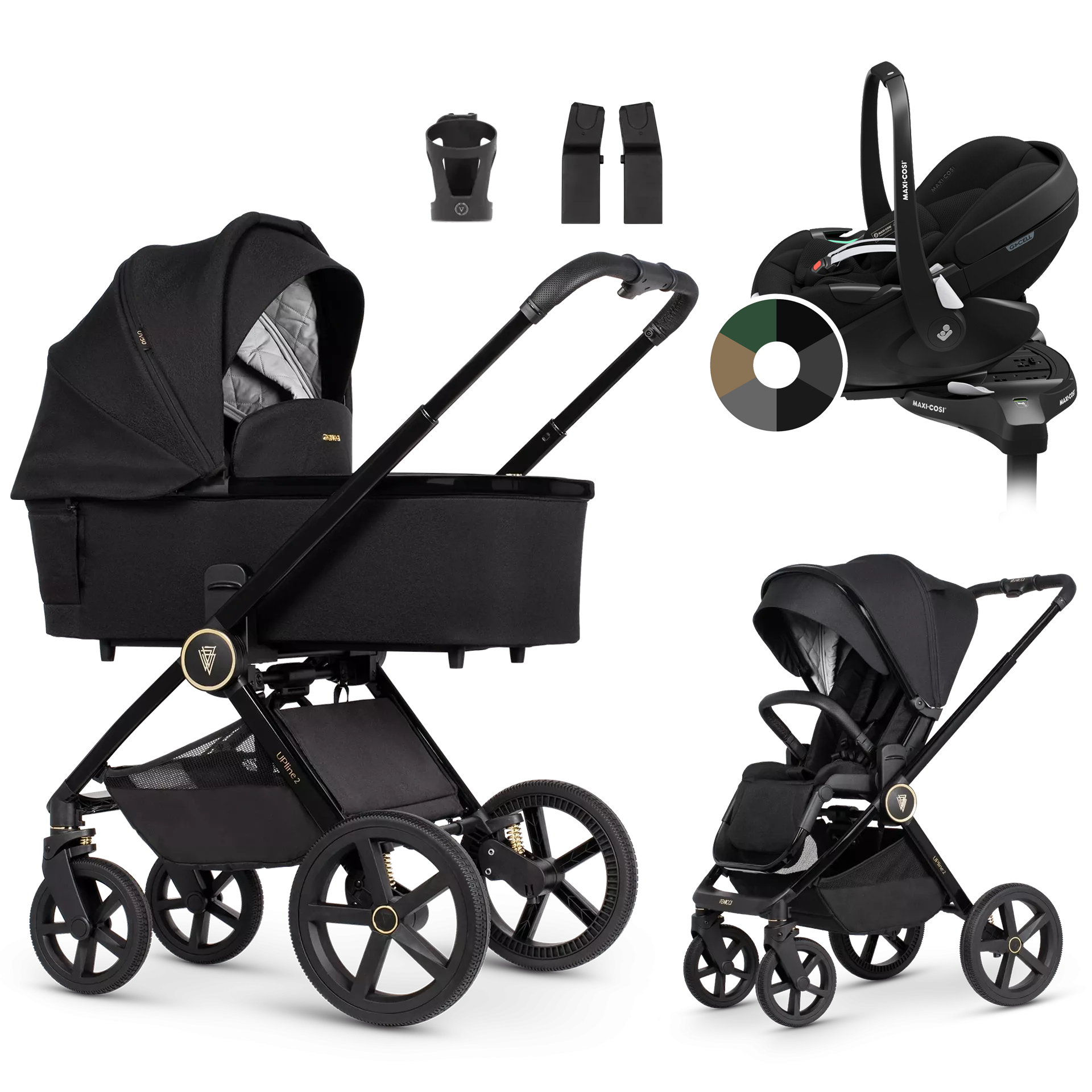 Venicci Upline 2 + Maxi-Cosi Pebble 360 Pro2 + baza +AKCESORIA - 4w1 | All Black
