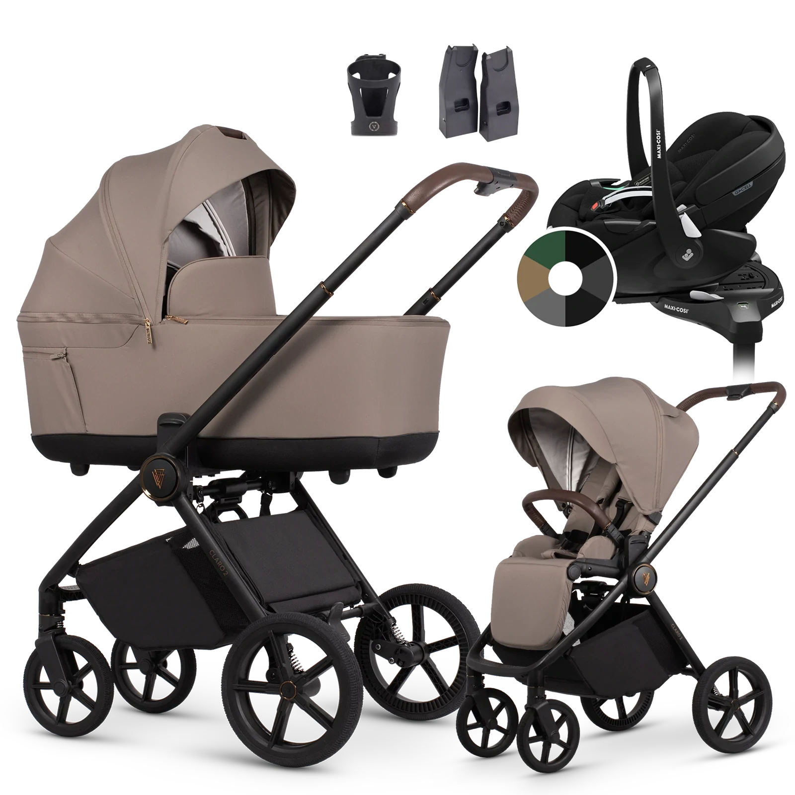 Venicci Claro 2 + Maxi-Cosi Pebble 360 Pro2 + baza + AKCESORIA - 4w1 | Almond
