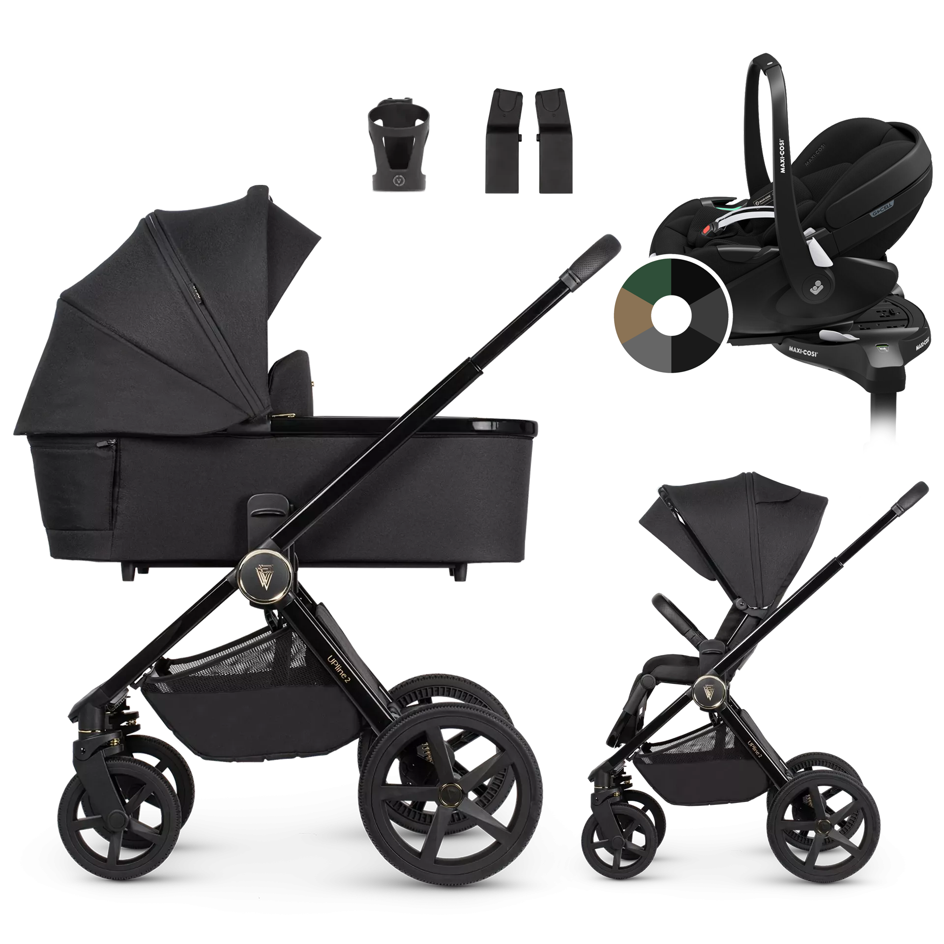 Venicci Upline 2 + Maxi-Cosi Pebble 360 Pro2 + baza +AKCESORIA - 4w1 | All Black