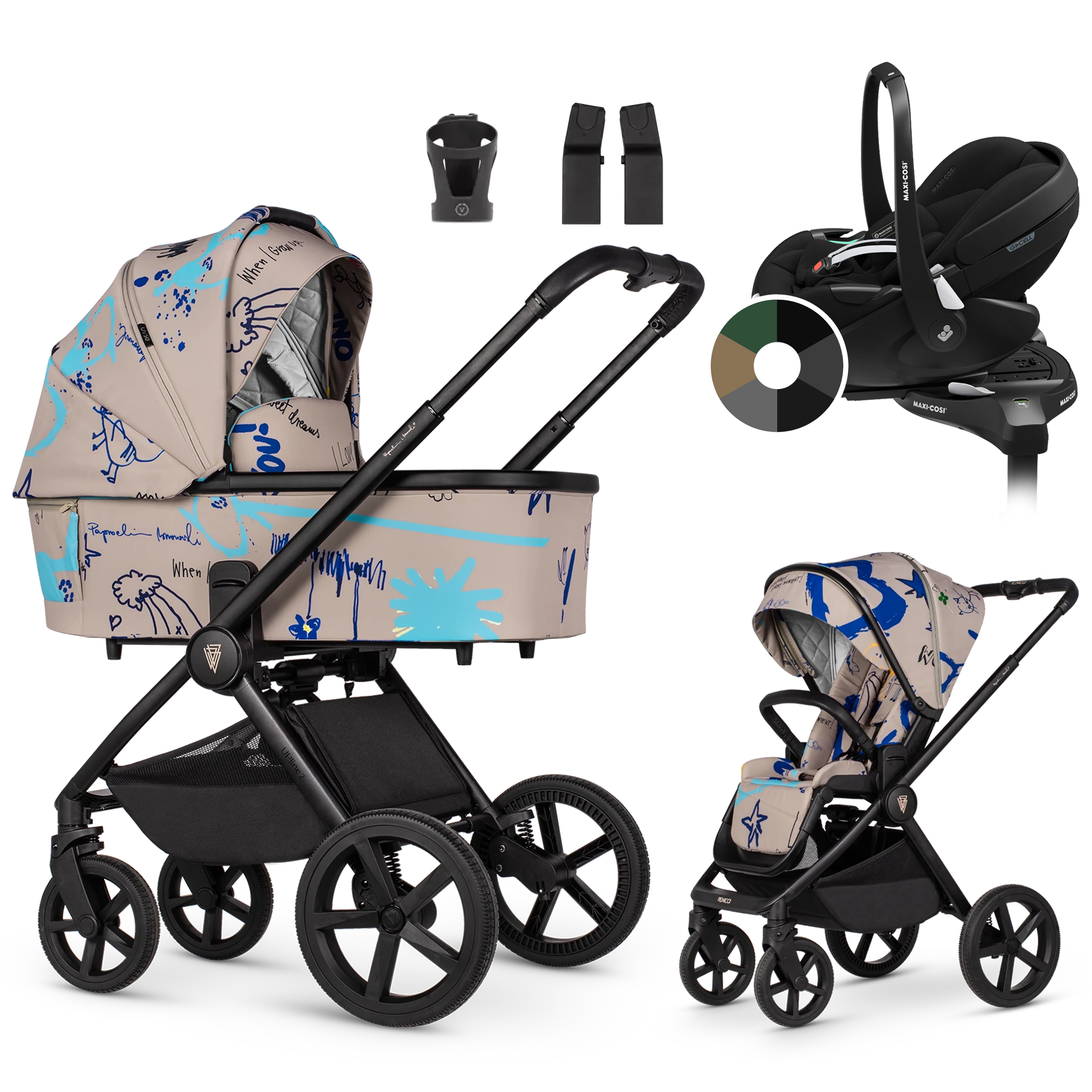 Venicci Upline 2 + Maxi-Cosi Pebble 360 Pro2 + baza +AKCESORIA - 4w1 | Beige