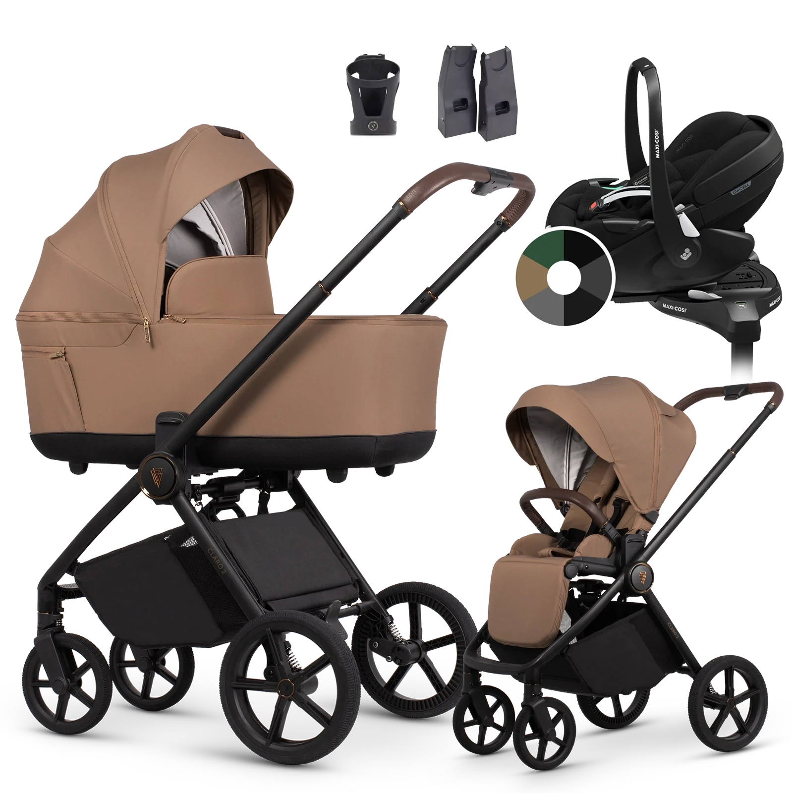 Venicci Claro 2 + Maxi-Cosi Pebble 360 Pro2 + baza + AKCESORIA - 4w1 | Caramel