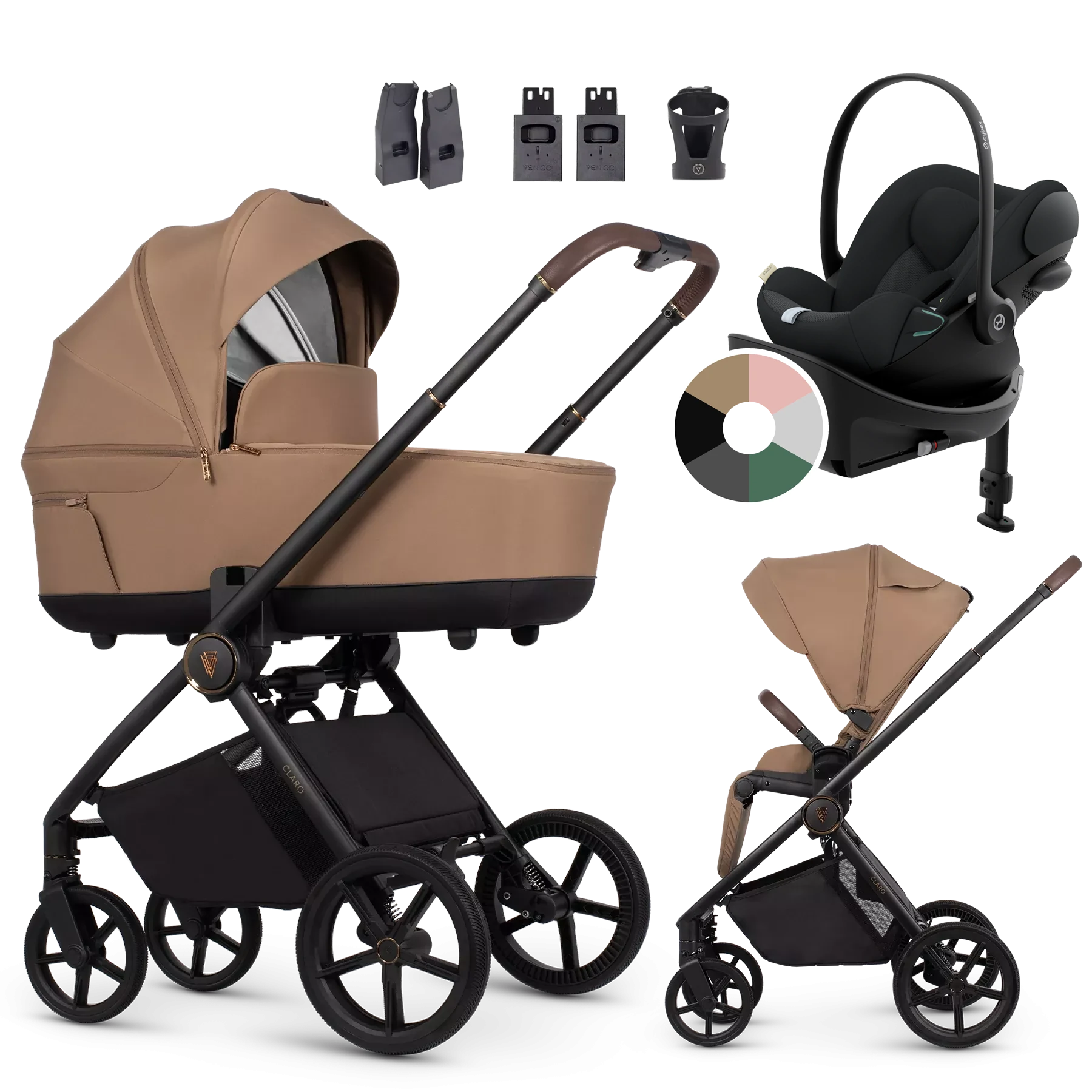Venicci Claro + Cybex Cloud G + baza G +AKCESORIA - 4w1 | Caramel