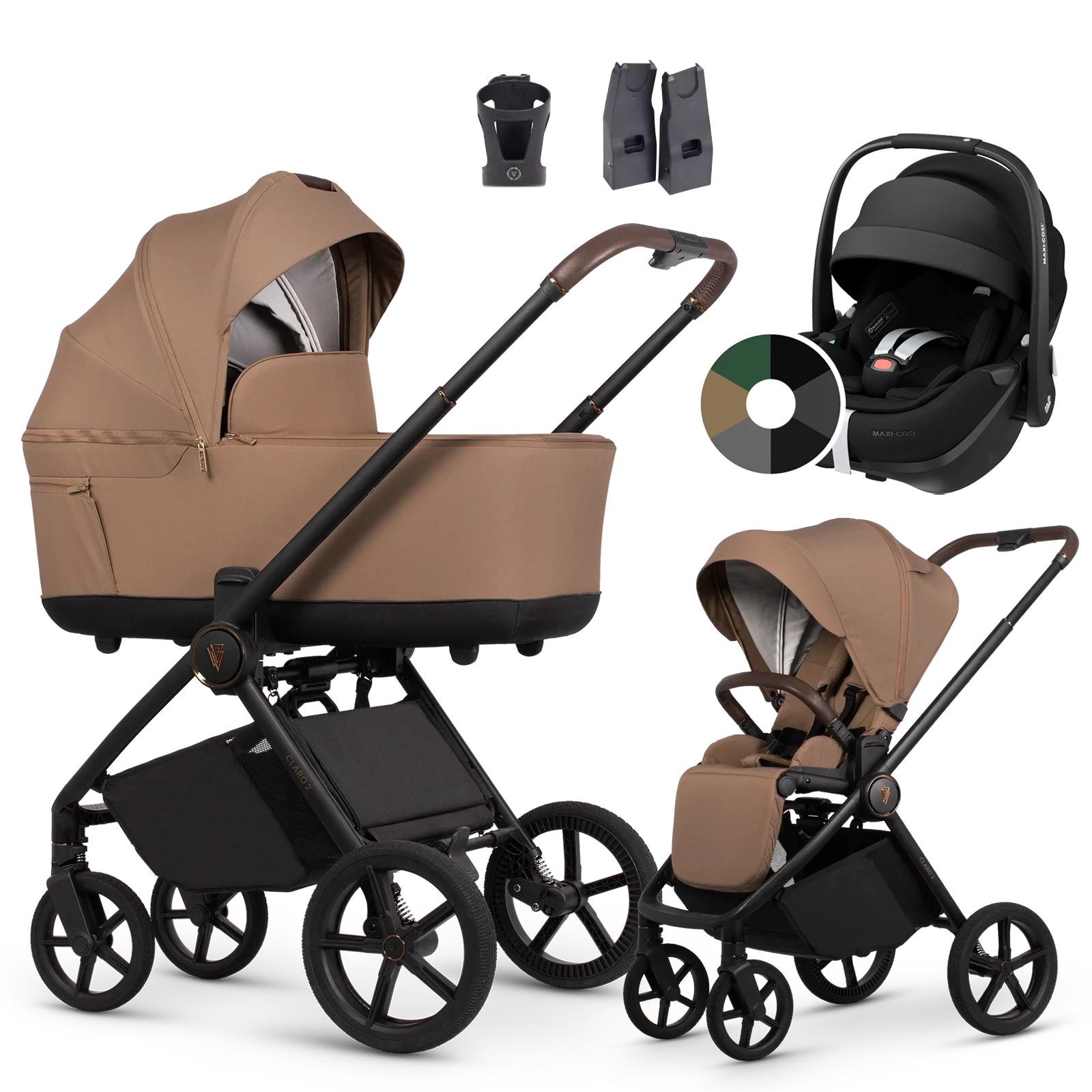 Venicci Claro 2 + Maxi-Cosi Pebble 360 Pro2 + AKCESORIA - 3w1 | Caramel
