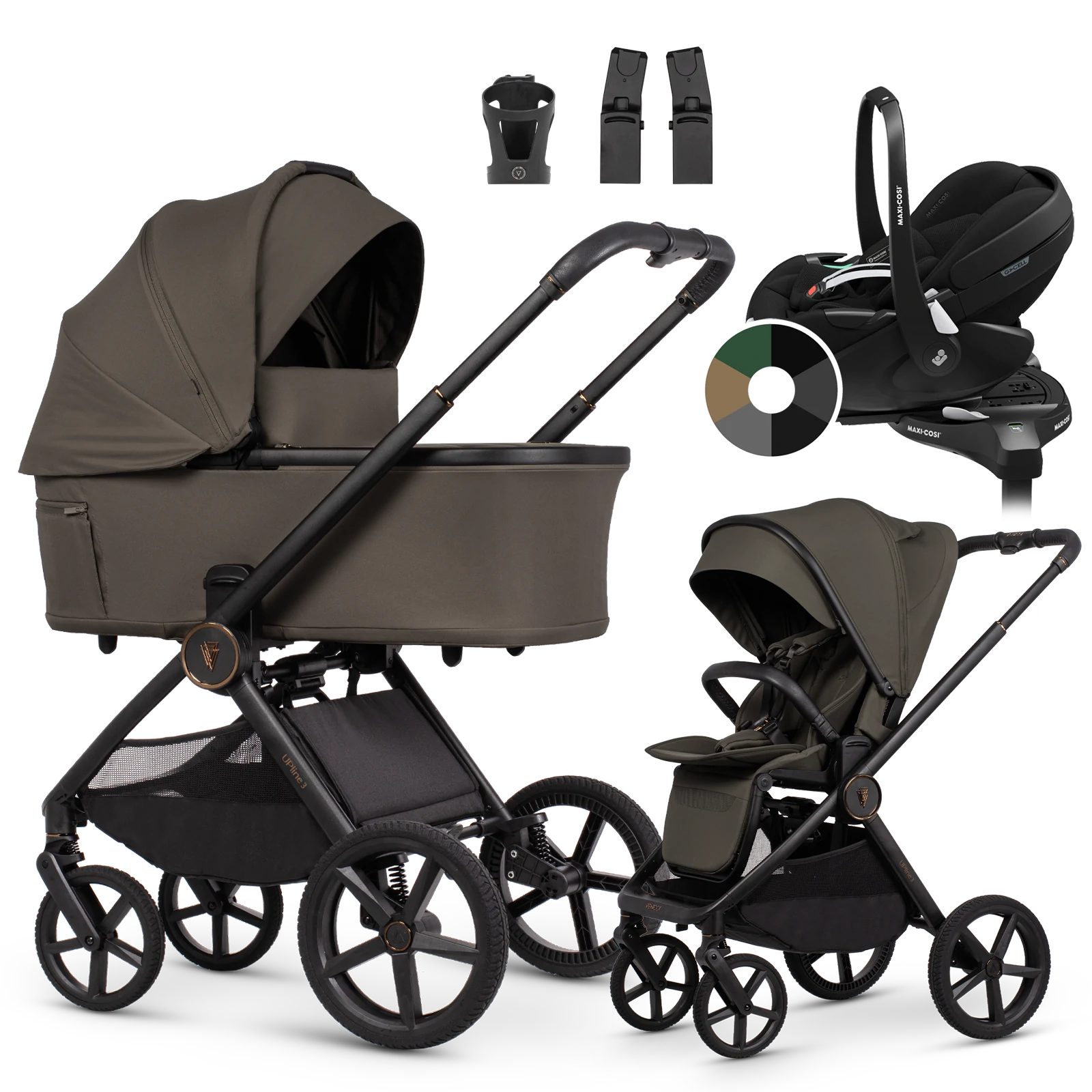 Venicci Upline 3 + Maxi-Cosi Pebble 360 Pro2 + baza + AKCESORIA - 4w1 | Truffle