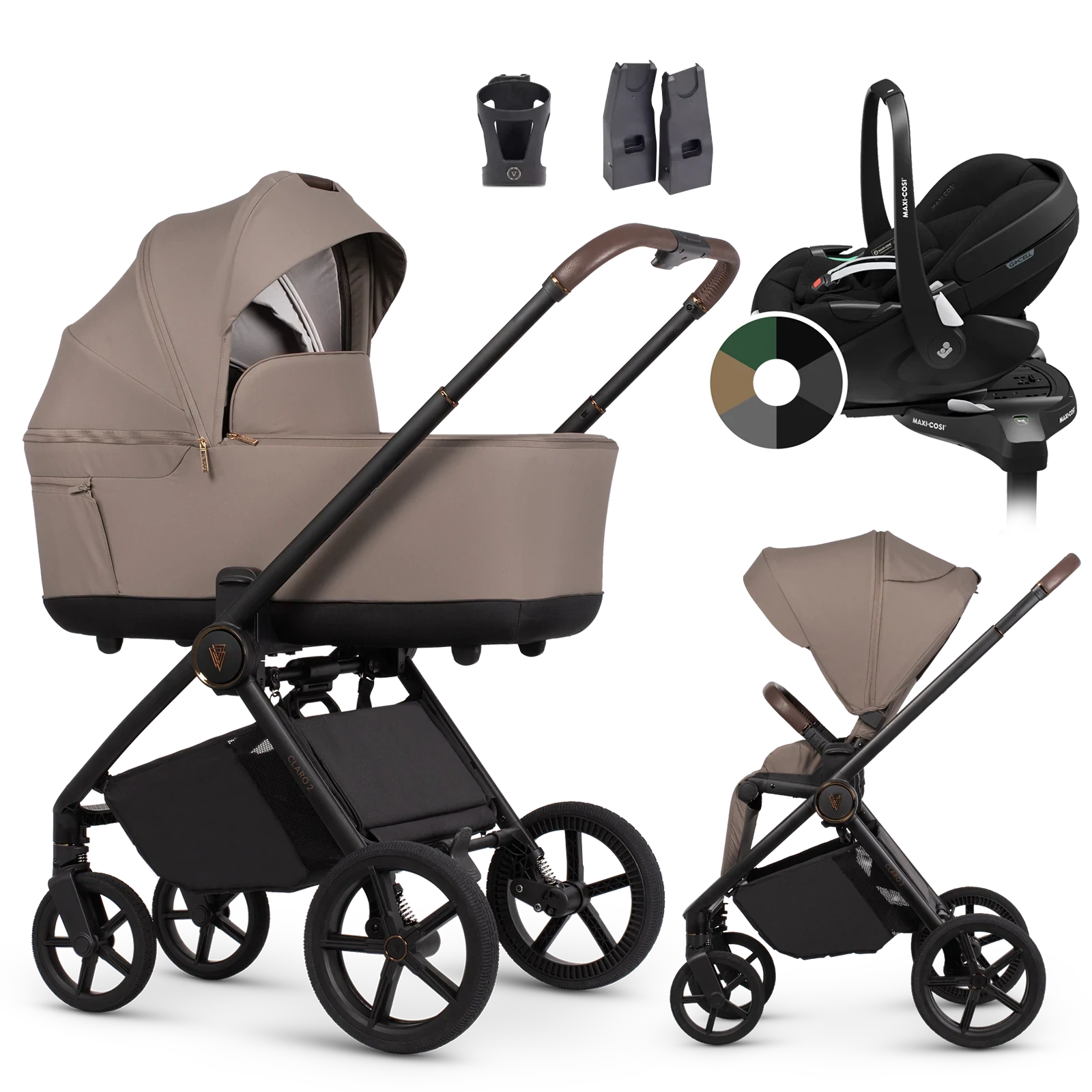 Venicci Claro 2 + Maxi-Cosi Pebble 360 Pro2 + baza + AKCESORIA - 4w1 | Almond