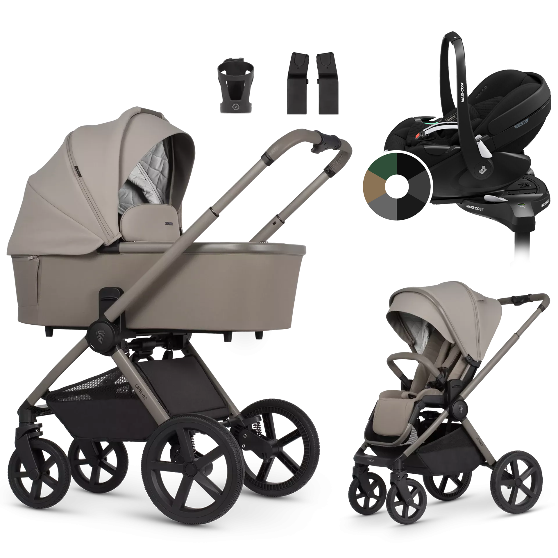 Venicci Upline 2 + Maxi-Cosi Pebble 360 Pro2 + baza +AKCESORIA - 4w1 | Taupe