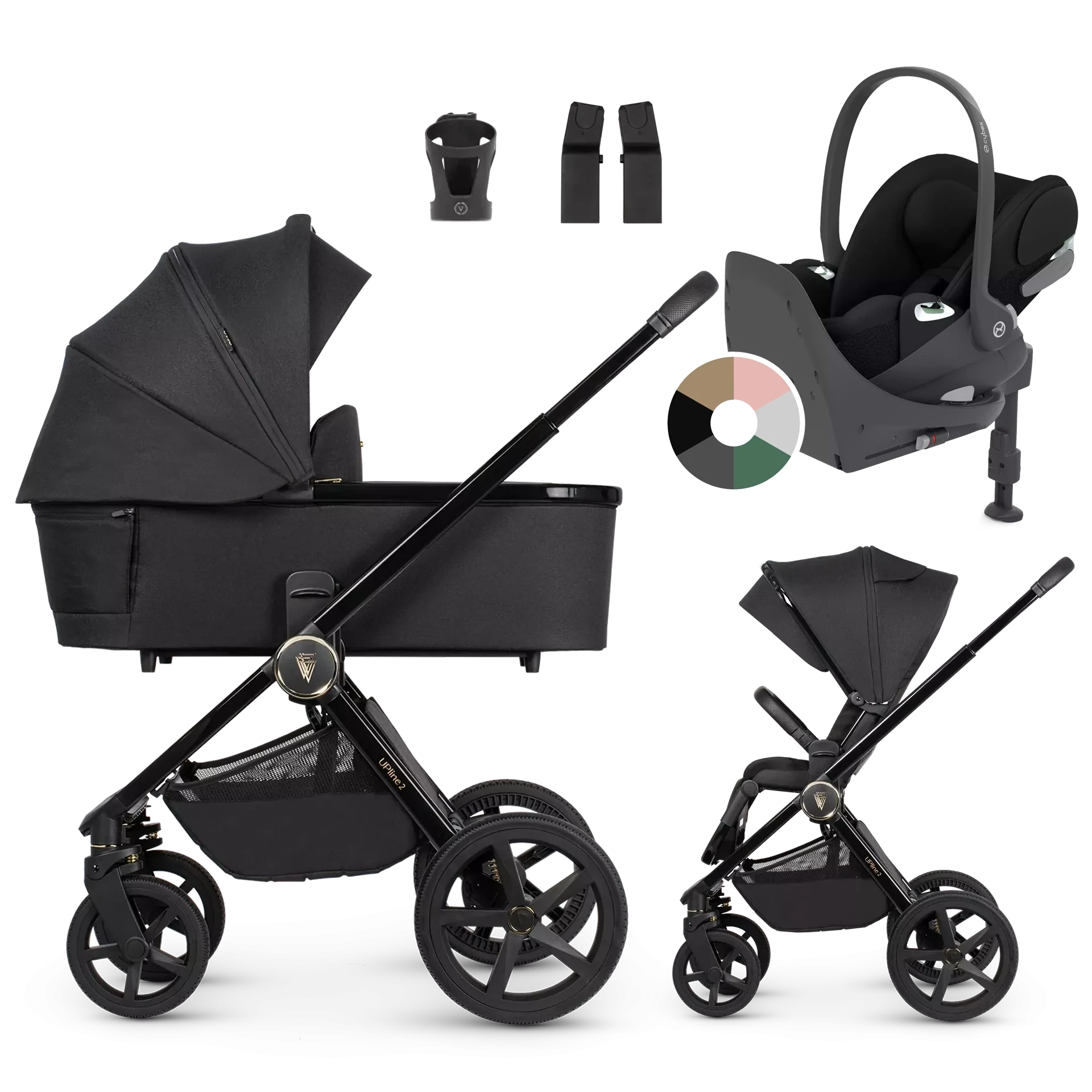 Venicci Upline 2 + Cybex Cloud T + baza T +AKCESORIA - 4w1 | All Black