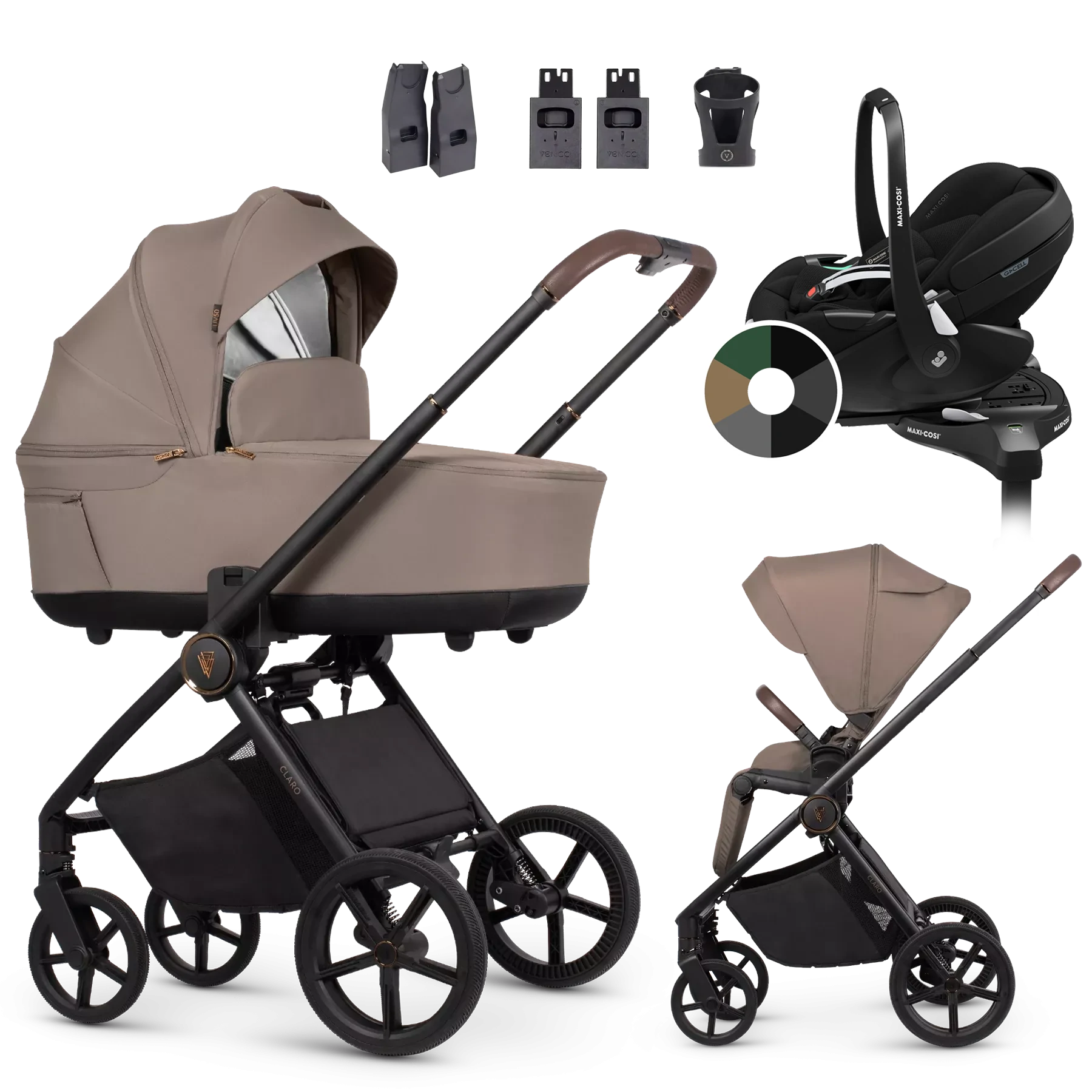 Venicci Claro + Maxi-Cosi Pebble 360 Pro2 + baza +AKCESORIA - 4w1 | Almond