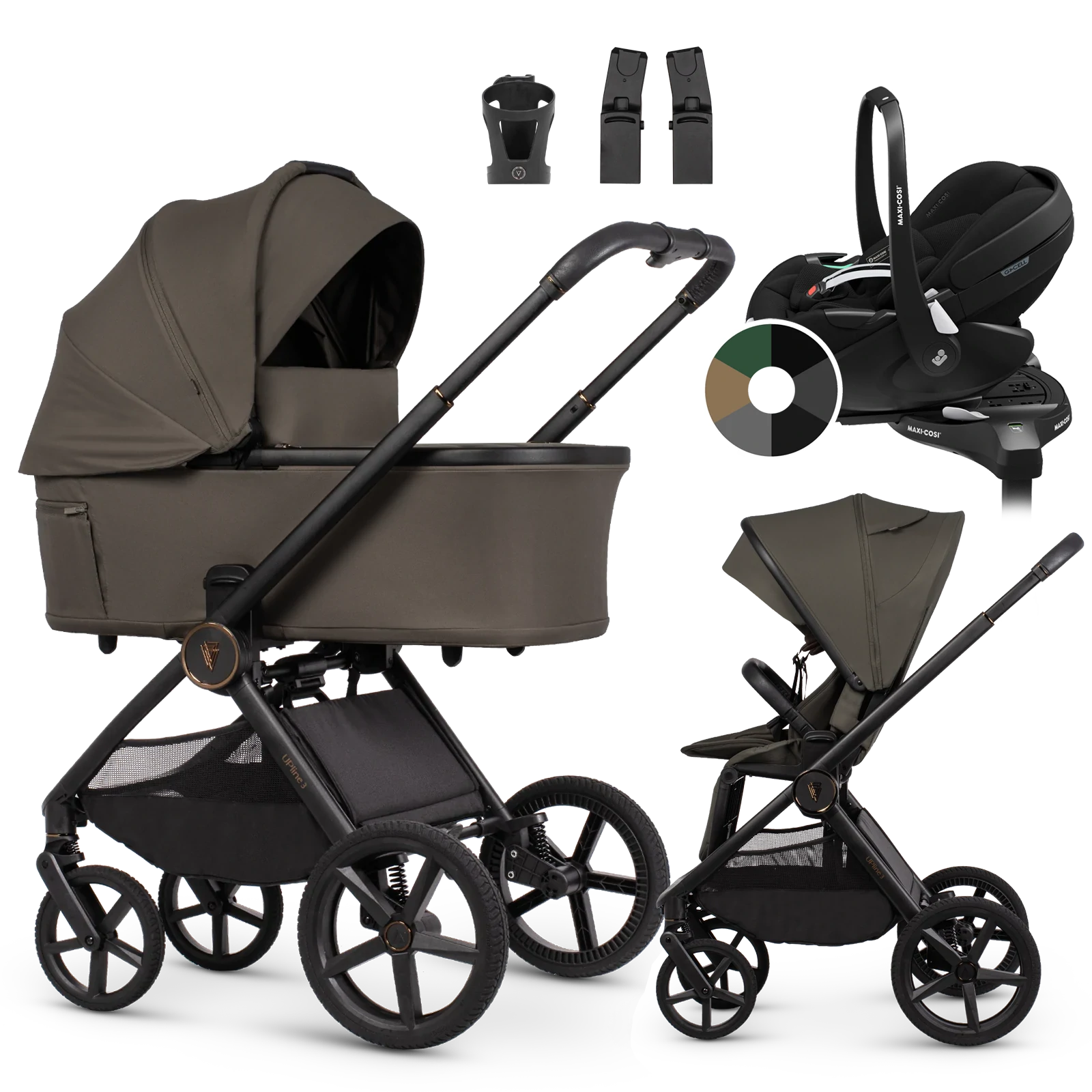 Venicci Upline 3 + Maxi-Cosi Pebble 360 Pro2 + baza + AKCESORIA - 4w1 | Truffle