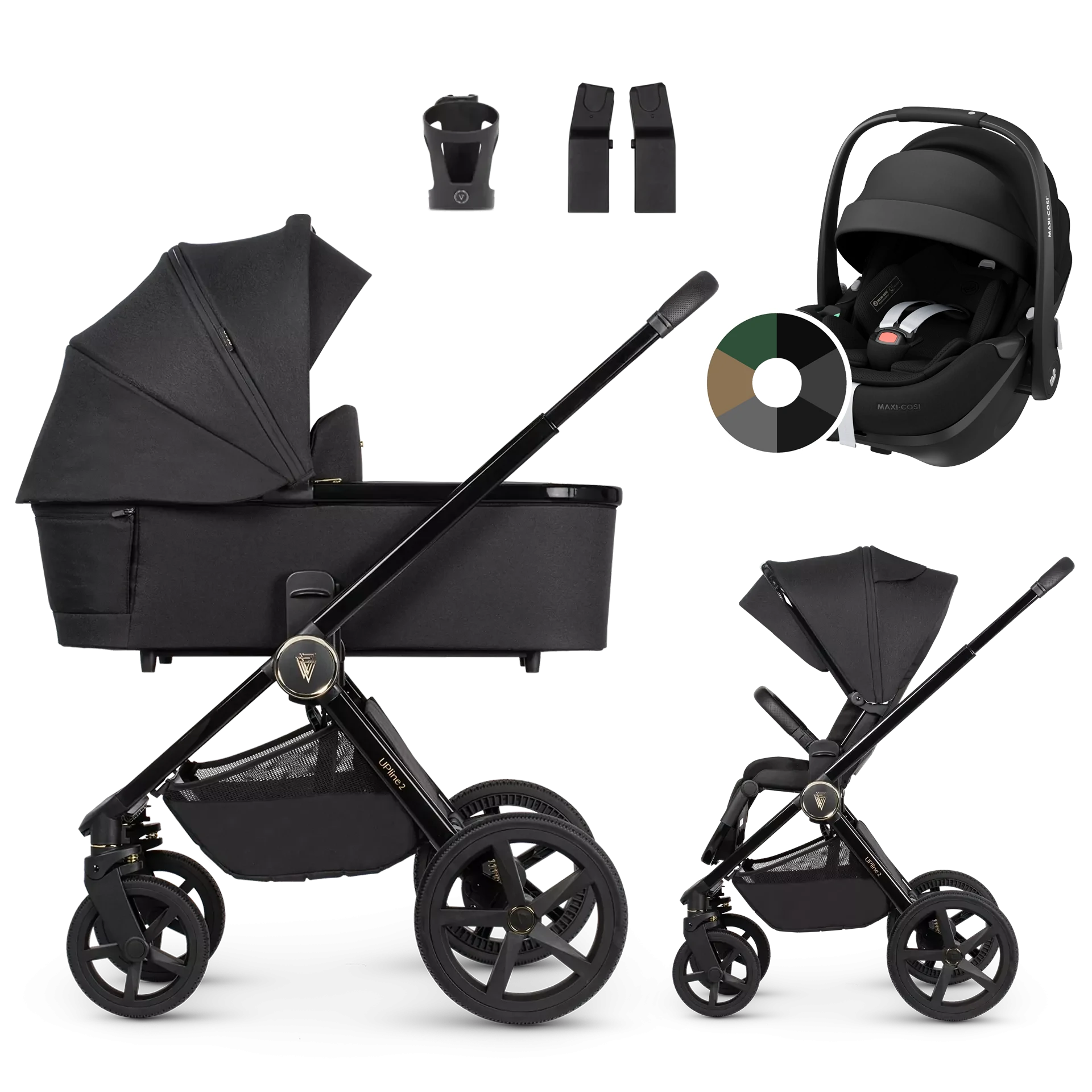 Venicci Upline 2 + Maxi-Cosi Pebble 360 Pro2 +AKCESORIA - 3w1 | All Black
