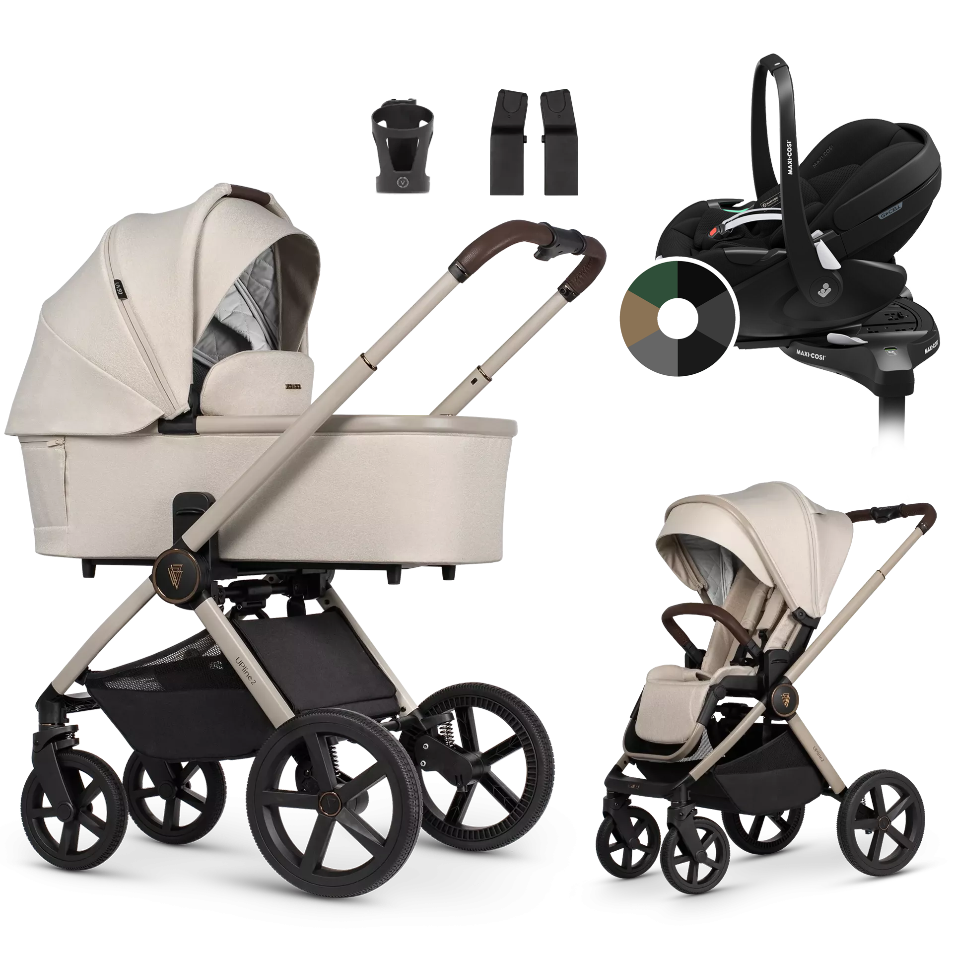 Venicci Upline 2 + Maxi-Cosi Pebble 360 Pro2 + baza +AKCESORIA - 4w1 | Stone Beige