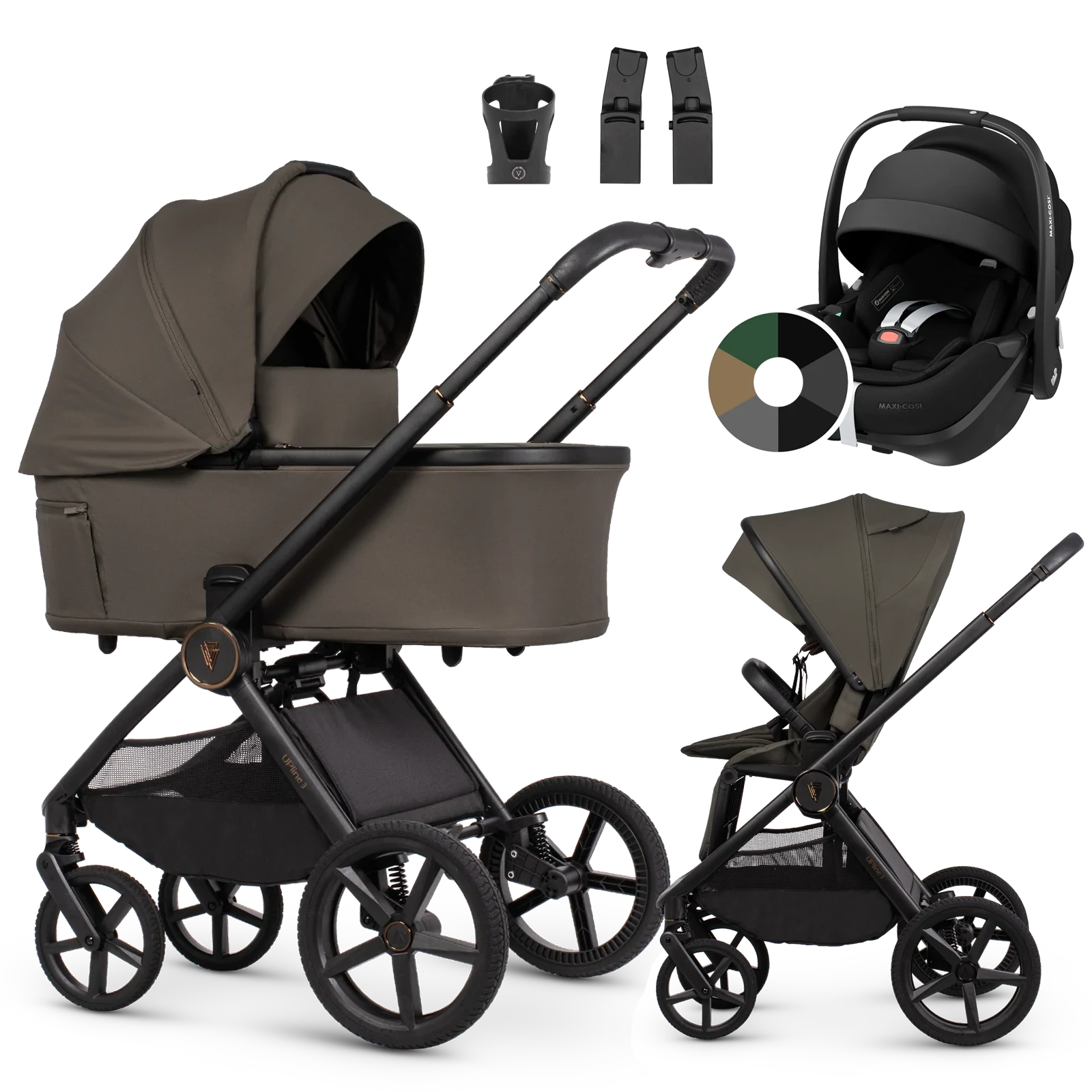 Venicci Upline 3 + Maxi-Cosi Pebble 360 Pro2 + AKCESORIA - 3w1 | Truffle