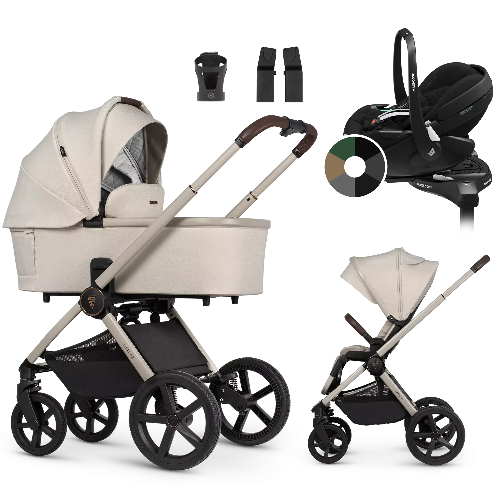 Venicci Upline 2 + Maxi-Cosi Pebble 360 Pro2 + baza +AKCESORIA - 4w1 | Stone Beige