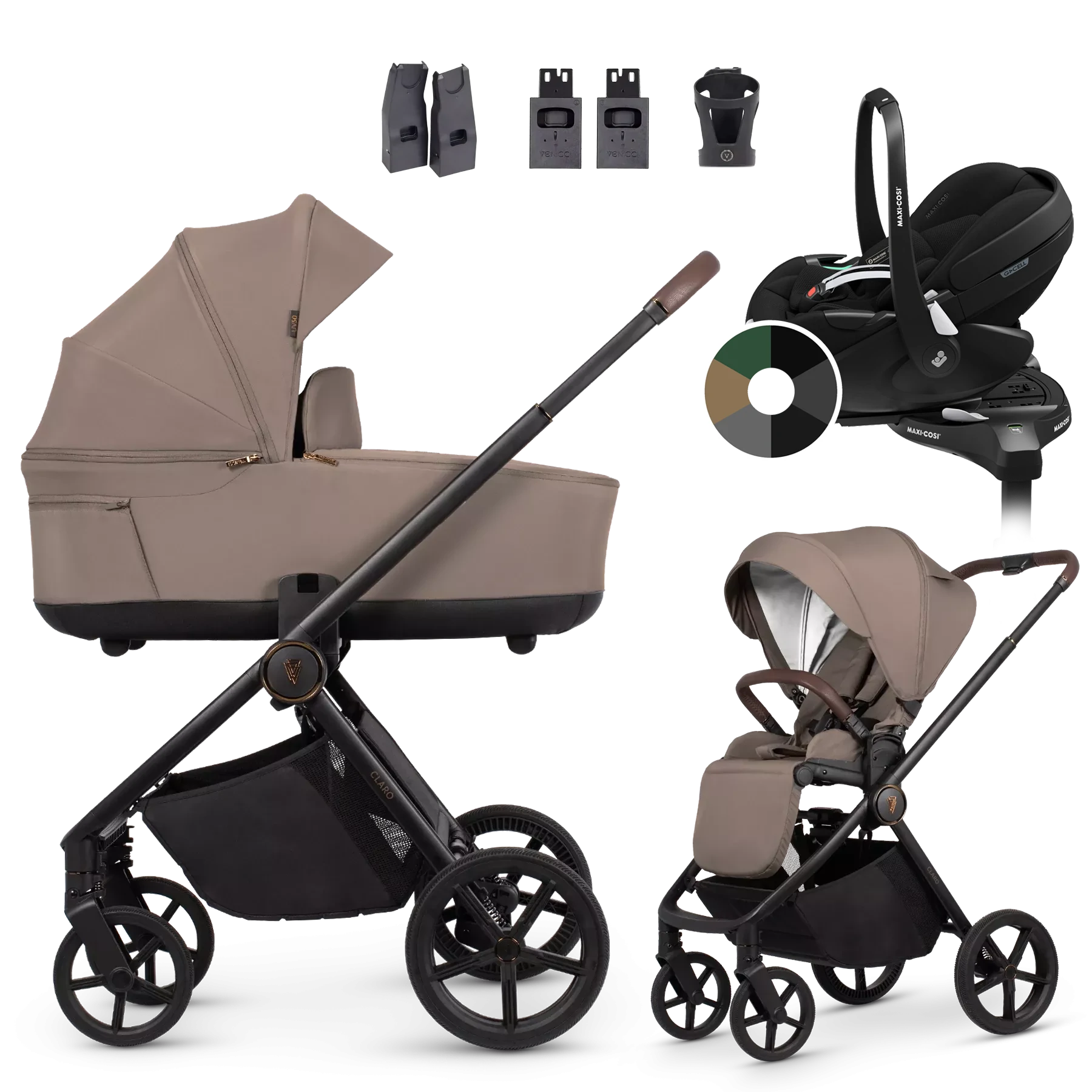 Venicci Claro + Maxi-Cosi Pebble 360 Pro2 + baza +AKCESORIA - 4w1 | Almond