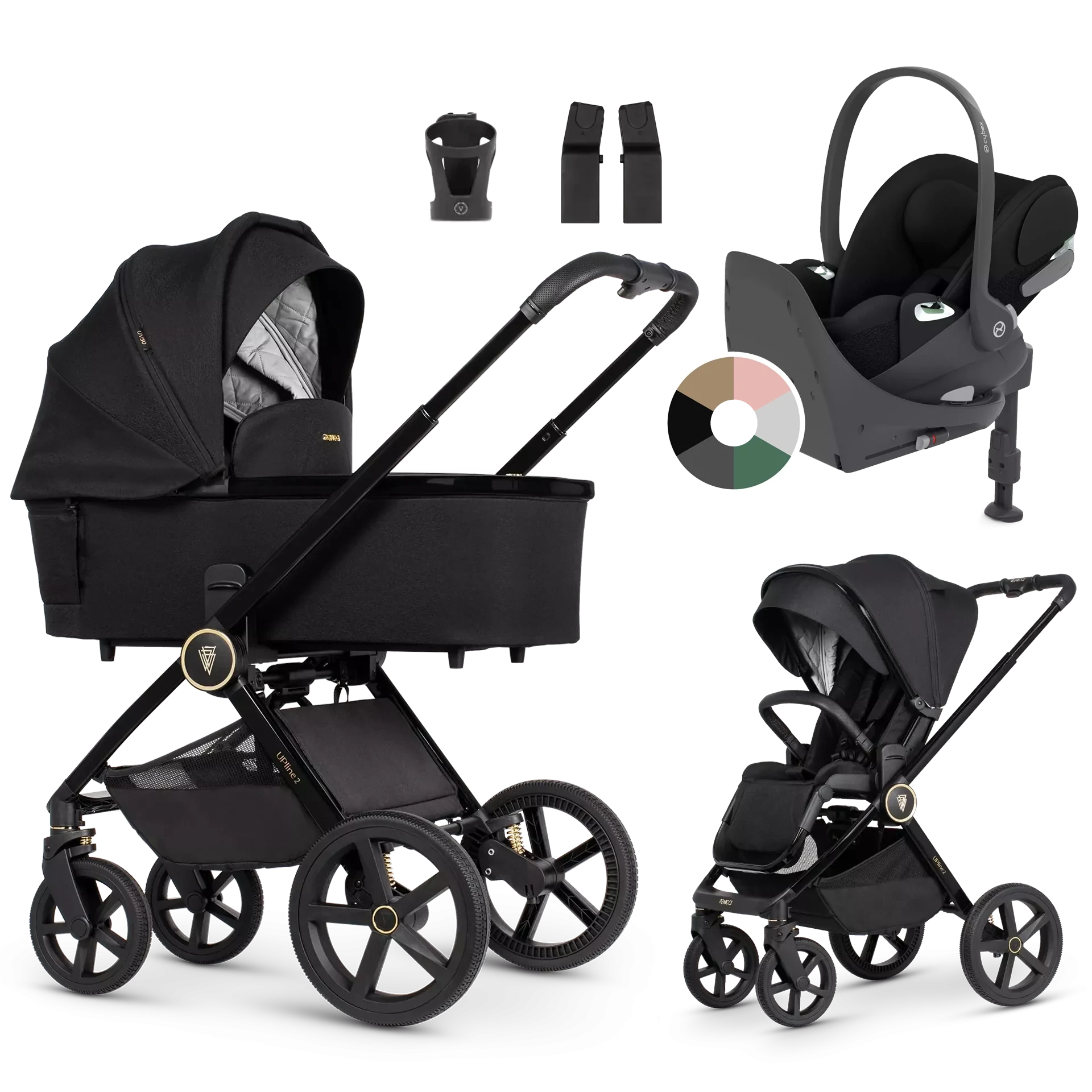 Venicci Upline 2 + Cybex Cloud T + baza T +AKCESORIA - 4w1 | All Black